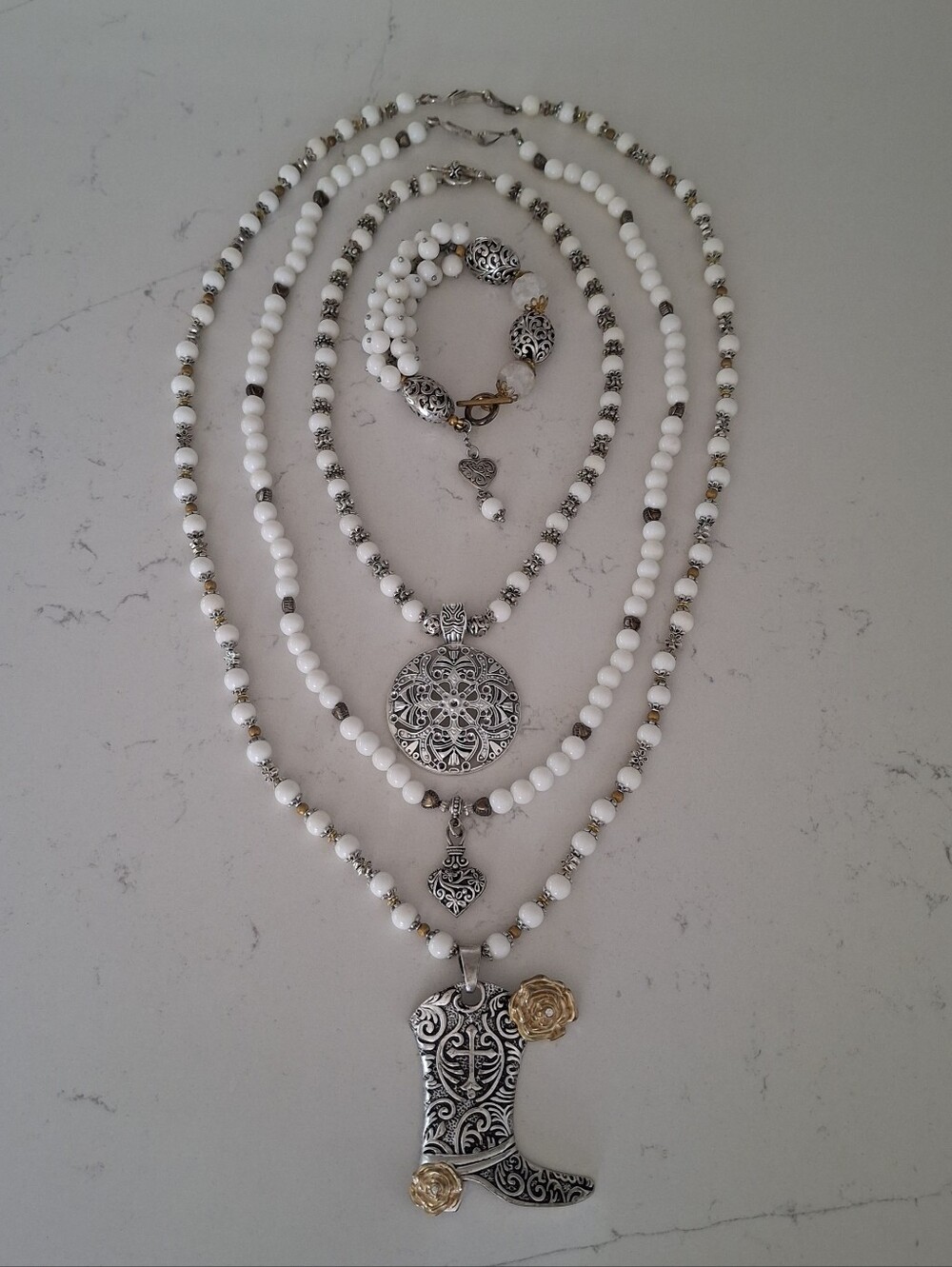 Artisan 4pc White Stone Two-Tone Western Cowgirl Boot Necklace & Bracelet Set